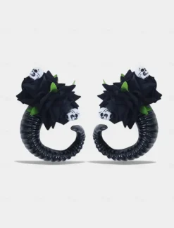 Women's Halloween Gothic Ram Horn Hair Clips - Black Curved Horns with Skull and Rose Accents, Cosplay Costume Headpiece for Witches, Vampires and Spooky Party Outfits