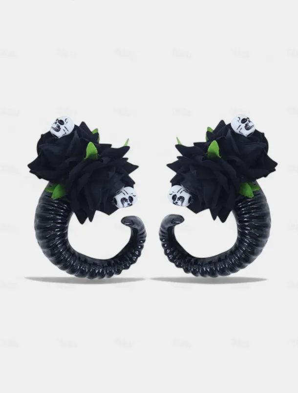 Women's Halloween Gothic Ram Horn Hair Clips - Black Curved Horns with Skull and Rose Accents, Cosplay Costume Headpiece for Witches, Vampires and Spooky Party Outfits
