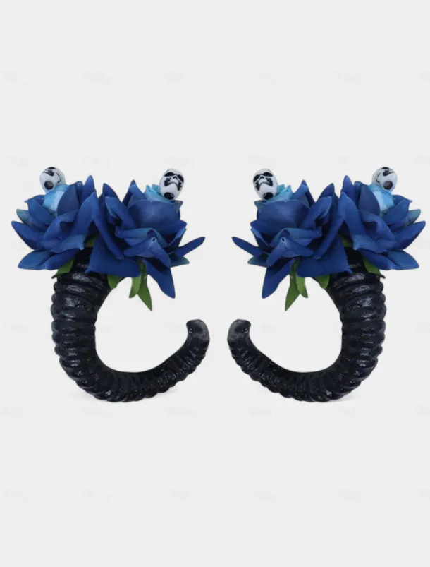 Women's Halloween Gothic Ram Horn Hair Clips - Black Curved Horns with Skull and Rose Accents, Cosplay Costume Headpiece for Witches, Vampires and Spooky Party Outfits