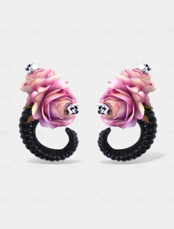 Women's Halloween Gothic Ram Horn Hair Clips - Black Curved Horns with Skull and Rose Accents, Cosplay Costume Headpiece for Witches, Vampires and Spooky Party Outfits
