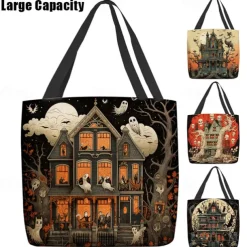 Women's Halloween Haunted House Tote Bag – Large Capacity Ghost Print Shoulder Bag for Trick-or-Treating, Parties, and Fall Outings