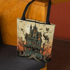 Women's Halloween Haunted House Tote Bag – Large Capacity Ghost Print Shoulder Bag for Trick-or-Treating, Parties, and Fall Outings