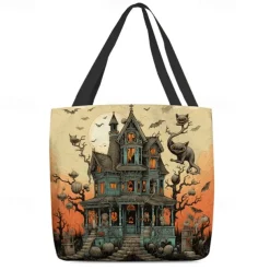 Women's Halloween Haunted House Tote Bag – Large Capacity Ghost Print Shoulder Bag for Trick-or-Treating, Parties, and Fall Outings