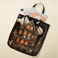 Women's Halloween Haunted House Tote Bag – Large Capacity Ghost Print Shoulder Bag for Trick-or-Treating, Parties, and Fall Outings
