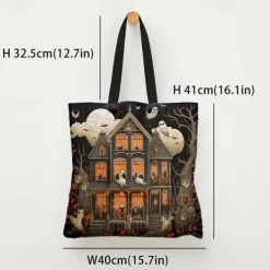 Women's Halloween Haunted House Tote Bag – Large Capacity Ghost Print Shoulder Bag for Trick-or-Treating, Parties, and Fall Outings