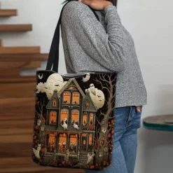 Women's Halloween Haunted House Tote Bag – Large Capacity Ghost Print Shoulder Bag for Trick-or-Treating, Parties, and Fall Outings