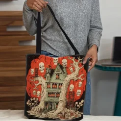 Women's Halloween Haunted House Tote Bag – Large Capacity Ghost Print Shoulder Bag for Trick-or-Treating, Parties, and Fall Outings