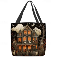 Women's Halloween Haunted House Tote Bag – Large Capacity Ghost Print Shoulder Bag for Trick-or-Treating, Parties, and Fall Outings
