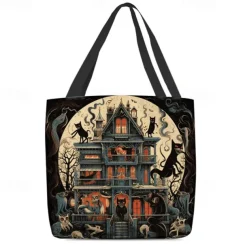 Women's Halloween Haunted House Tote Bag – Large Capacity Ghost Print Shoulder Bag for Trick-or-Treating, Parties, and Fall Outings