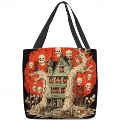 Women's Halloween Haunted House Tote Bag – Large Capacity Ghost Print Shoulder Bag for Trick-or-Treating, Parties, and Fall Outings