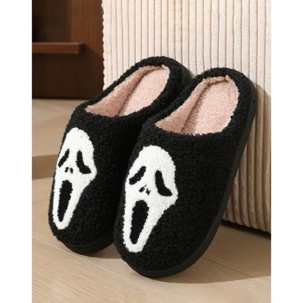 Women's Halloween Horror Face Plush Slippers – Cozy Furry Indoor Shoes with Spooky Ghost Design for Winter Comfort