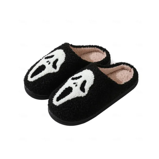 Women's Halloween Horror Face Plush Slippers – Cozy Furry Indoor Shoes with Spooky Ghost Design for Winter Comfort