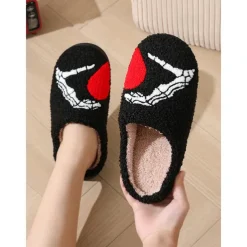 Women's Halloween Horror Face Plush Slippers – Cozy Furry Indoor Shoes with Spooky Ghost Design for Winter Comfort