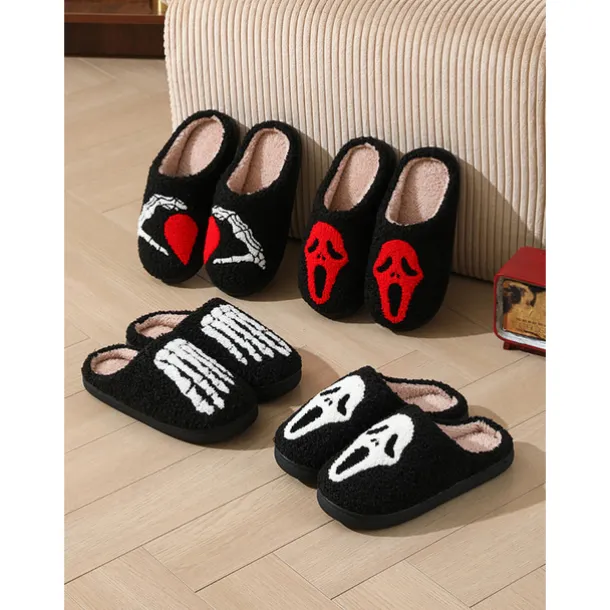 Women's Halloween Horror Face Plush Slippers – Cozy Furry Indoor Shoes with Spooky Ghost Design for Winter Comfort