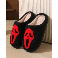 Women's Halloween Horror Face Plush Slippers – Cozy Furry Indoor Shoes with Spooky Ghost Design for Winter Comfort