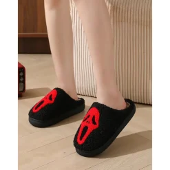 Women's Halloween Horror Face Plush Slippers – Cozy Furry Indoor Shoes with Spooky Ghost Design for Winter Comfort