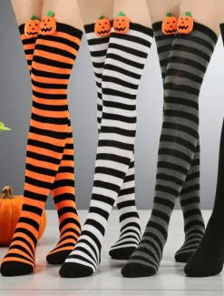 Women's Halloween Over-the-Knee Socks - Striped Cotton Long Stockings with Cute Pumpkin Decoration, Fun and Comfortable Novelty Hosiery for Costume Parties, Cosplay, and Holiday Events