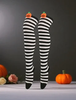 Women's Halloween Over-the-Knee Socks - Striped Cotton Long Stockings with Cute Pumpkin Decoration, Fun and Comfortable Novelty Hosiery for Costume Parties, Cosplay, and Holiday Events