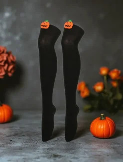 Women's Halloween Over-the-Knee Socks - Striped Cotton Long Stockings with Cute Pumpkin Decoration, Fun and Comfortable Novelty Hosiery for Costume Parties, Cosplay, and Holiday Events