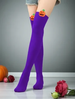 Women's Halloween Over-the-Knee Socks - Striped Cotton Long Stockings with Cute Pumpkin Decoration, Fun and Comfortable Novelty Hosiery for Costume Parties, Cosplay, and Holiday Events