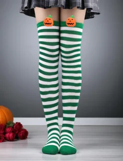 Women's Halloween Over-the-Knee Socks - Striped Cotton Long Stockings with Cute Pumpkin Decoration, Fun and Comfortable Novelty Hosiery for Costume Parties, Cosplay, and Holiday Events
