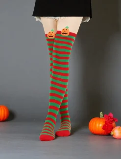 Women's Halloween Over-the-Knee Socks - Striped Cotton Long Stockings with Cute Pumpkin Decoration, Fun and Comfortable Novelty Hosiery for Costume Parties, Cosplay, and Holiday Events