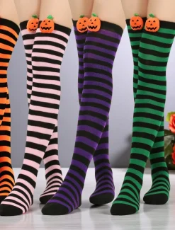 Women's Halloween Over-the-Knee Socks - Striped Cotton Long Stockings with Cute Pumpkin Decoration, Fun and Comfortable Novelty Hosiery for Costume Parties, Cosplay, and Holiday Events