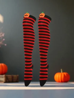 Women's Halloween Over-the-Knee Socks - Striped Cotton Long Stockings with Cute Pumpkin Decoration, Fun and Comfortable Novelty Hosiery for Costume Parties, Cosplay, and Holiday Events