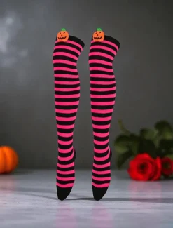 Women's Halloween Over-the-Knee Socks - Striped Cotton Long Stockings with Cute Pumpkin Decoration, Fun and Comfortable Novelty Hosiery for Costume Parties, Cosplay, and Holiday Events