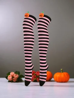 Women's Halloween Over-the-Knee Socks - Striped Cotton Long Stockings with Cute Pumpkin Decoration, Fun and Comfortable Novelty Hosiery for Costume Parties, Cosplay, and Holiday Events