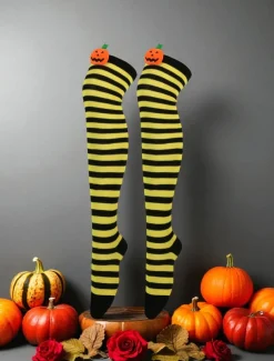Women's Halloween Over-the-Knee Socks - Striped Cotton Long Stockings with Cute Pumpkin Decoration, Fun and Comfortable Novelty Hosiery for Costume Parties, Cosplay, and Holiday Events