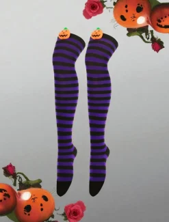 Women's Halloween Over-the-Knee Socks - Striped Cotton Long Stockings with Cute Pumpkin Decoration, Fun and Comfortable Novelty Hosiery for Costume Parties, Cosplay, and Holiday Events