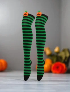 Women's Halloween Over-the-Knee Socks - Striped Cotton Long Stockings with Cute Pumpkin Decoration, Fun and Comfortable Novelty Hosiery for Costume Parties, Cosplay, and Holiday Events