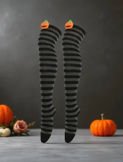 Women's Halloween Over-the-Knee Socks - Striped Cotton Long Stockings with Cute Pumpkin Decoration, Fun and Comfortable Novelty Hosiery for Costume Parties, Cosplay, and Holiday Events