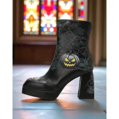 Women's Halloween Platform Ankle Boots – Black Faux Leather with Jack-O'-Lantern Print, Block Heels, and Side Zipper, Spooky Gothic Style for Costume Parties, Themed Events and Trick-or-Treating