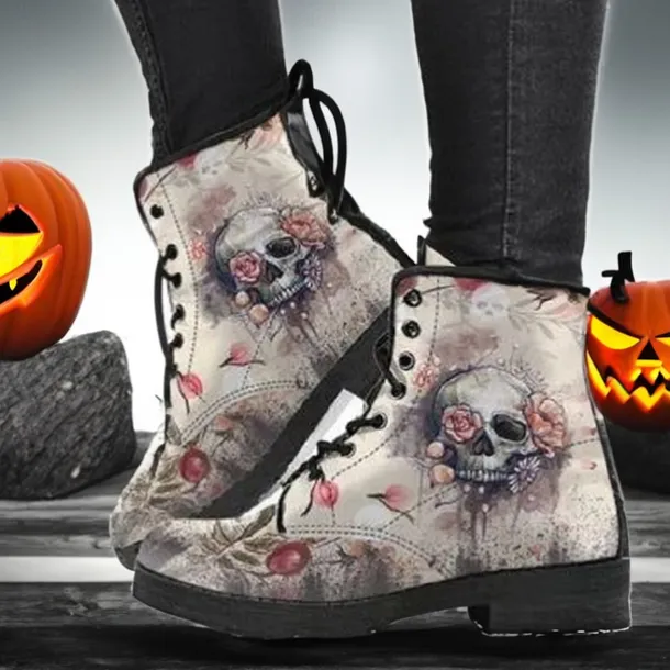 Women's Halloween Skull Print Combat Boots - Gothic Style Lace-Up Ankle Boots for Spooky Season