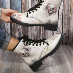 Women's Halloween Skull Print Combat Boots - Gothic Style Lace-Up Ankle Boots for Spooky Season