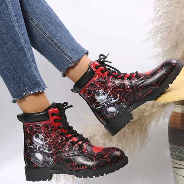 Women's Halloween Skull Print Combat Boots - Gothic Style Lace-Up Ankle Boots for Spooky Season