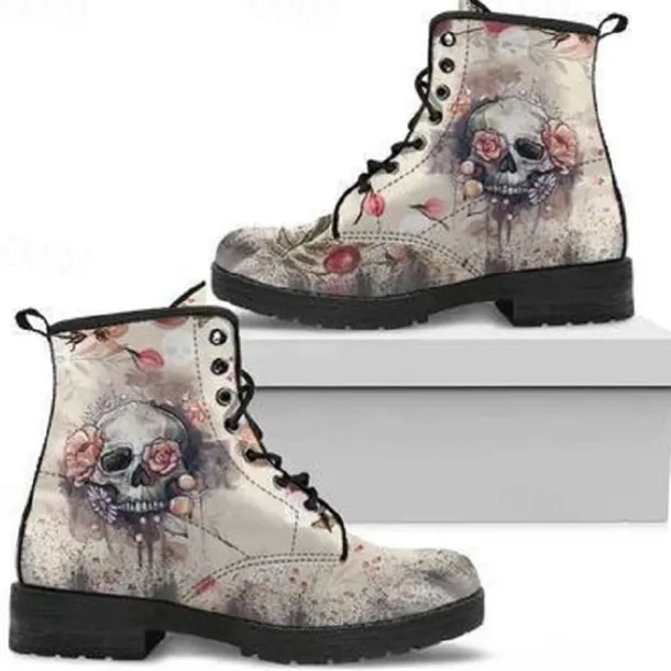 Women's Halloween Skull Print Combat Boots - Gothic Style Lace-Up Ankle Boots for Spooky Season