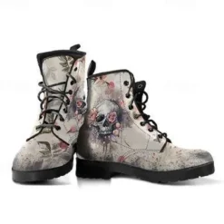 Women's Halloween Skull Print Combat Boots - Gothic Style Lace-Up Ankle Boots for Spooky Season