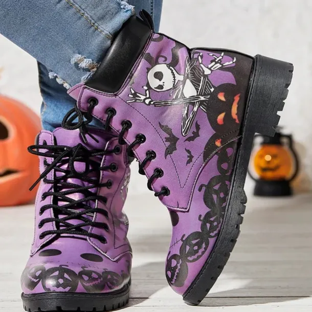 Women's Halloween Skull Print Combat Boots - Gothic Style Lace-Up Ankle Boots for Spooky Season