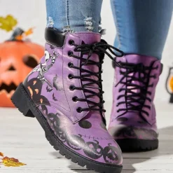 Women's Halloween Skull Print Combat Boots - Gothic Style Lace-Up Ankle Boots for Spooky Season