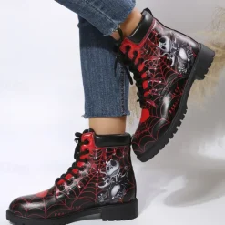 Women's Halloween Skull Print Combat Boots - Gothic Style Lace-Up Ankle Boots for Spooky Season
