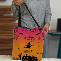 Women's Halloween-Themed Tote Bag with Witch and Full Moon Design - Perfect for Halloween and Everyday Use