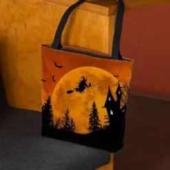 Women's Halloween-Themed Tote Bag with Witch and Full Moon Design - Perfect for Halloween and Everyday Use