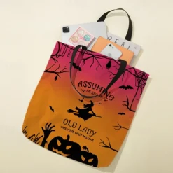 Women's Halloween-Themed Tote Bag with Witch and Full Moon Design - Perfect for Halloween and Everyday Use