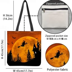 Women's Halloween-Themed Tote Bag with Witch and Full Moon Design - Perfect for Halloween and Everyday Use