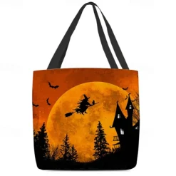 Women's Halloween-Themed Tote Bag with Witch and Full Moon Design - Perfect for Halloween and Everyday Use