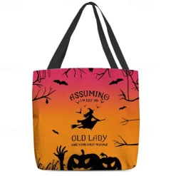 Women's Halloween-Themed Tote Bag with Witch and Full Moon Design - Perfect for Halloween and Everyday Use