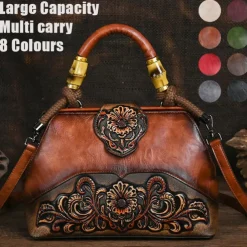 Women's Handbag Crossbody Bag Shoulder Bag Boston Bag PU Leather Party Daily Holiday Embossed Large Capacity Lightweight Durable Color Block Flower Folk dark brown claret ArmyGreen